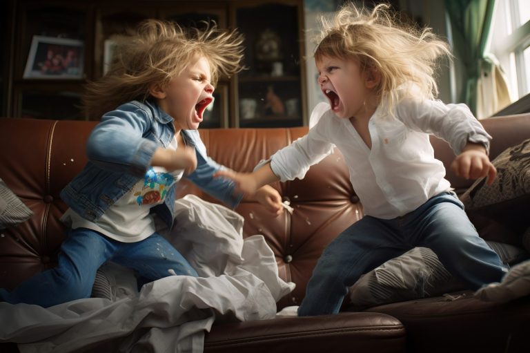 Screaming toddlers on sofa